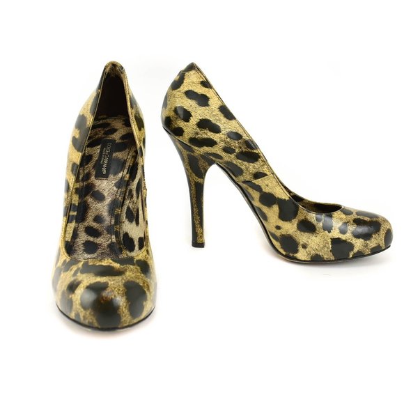 DOLCE & GABBANA: Brown Leather Leopard Print Heels - Picture 1 of 10